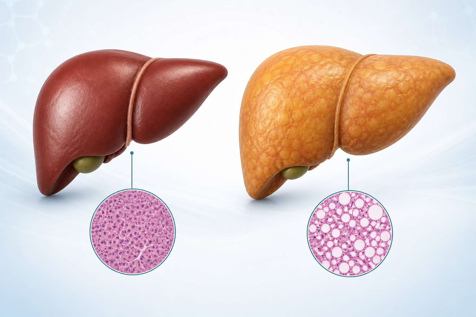 Healthy liver compared with a fatty liver and tissue changes
